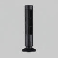 Black tower fan with measurements on a white background
