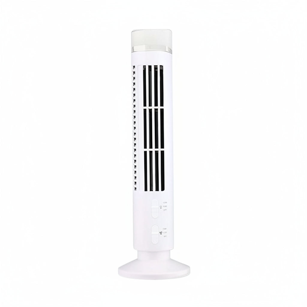 A white tower fan shown on a plain white background with dimension labels indicating a height of 38 cm (14.96 inches) and a base width of 10 cm (3.